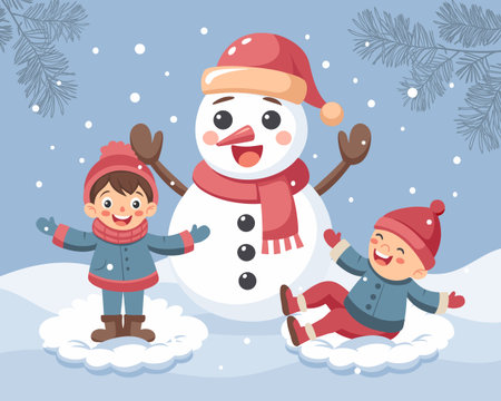 Happy children playing in winter snow with snowman. Christmas and New Year concept illustration.のイラスト素材
