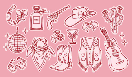 Cowgirl party elements collection. Cowgirl coquette aesthetic stickers set. Retro whimsical symbols for bachelorette and girls birthday party.のイラスト素材