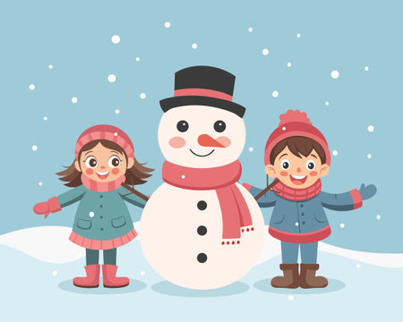 Happy children playing in winter snow with snowman. Christmas and New Year concept illustration.のイラスト素材