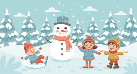 Happy children playing with snowman in winter forest. Kids having fun with snow. Christmas and New Year concept illustration.のイラスト素材