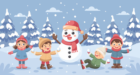 Happy children playing with snowman in winter forest. Kids having fun with snow. Christmas and New Year concept illustration.のイラスト素材
