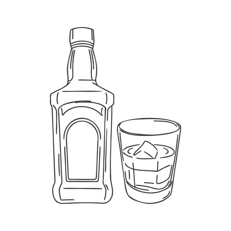 Whiskey bottle and glass with ice cubes on white background. Line drawing. Illustration.のイラスト素材
