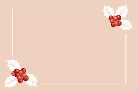 Christmas background with holly berry branches. Festive frame with holly berry on a pink background.のイラスト素材
