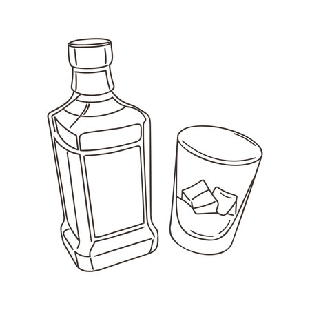 Whiskey bottle and glass with ice cubes on white background. Line drawing. Illustration.のイラスト素材
