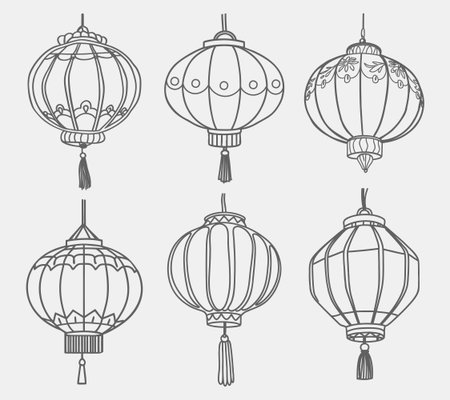 Chinese lanterns set. Collection of traditional Asian lanterns. Line art. Outline illustration.のイラスト素材