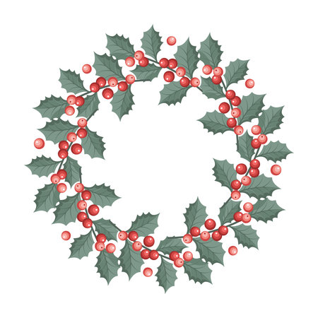 Christmas wreath with holly berries and leaves. Festive holly berry wreath. Christmas decoration.のイラスト素材