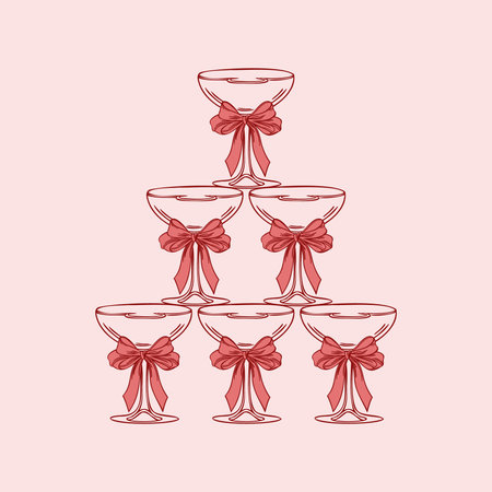 Elegant champagne glasses tower with decorative red ribbons. Hand drawn illustration.のイラスト素材