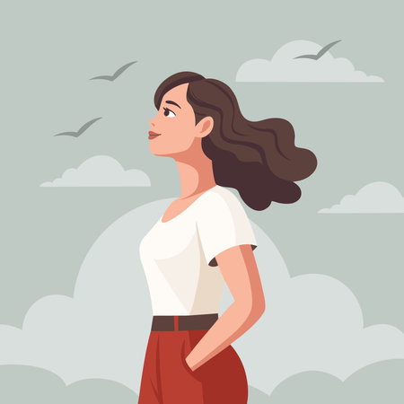 Optimistic woman looking up in a sky with hope. Hope, mental health, clarity concept. Illustration.のイラスト素材