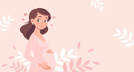 Cute expectant mother with flowers on pink background with flowers. Pregnant woman illustration.のイラスト素材