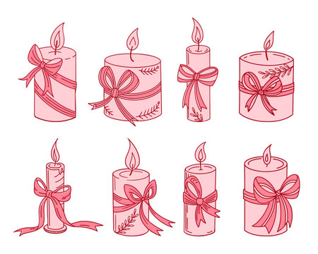 Set of cute candles with festive ribbon bows. Decorative elements for Christmas and other holidays.のイラスト素材
