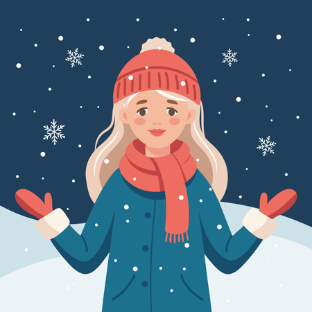 Cute girl in warm winter clothes catches snowflakes. Illustration for Christmas and holiday backgrounds.のイラスト素材