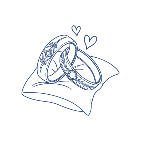 Romantic wedding rings on a pillow with hearts. Line drawing.のイラスト素材
