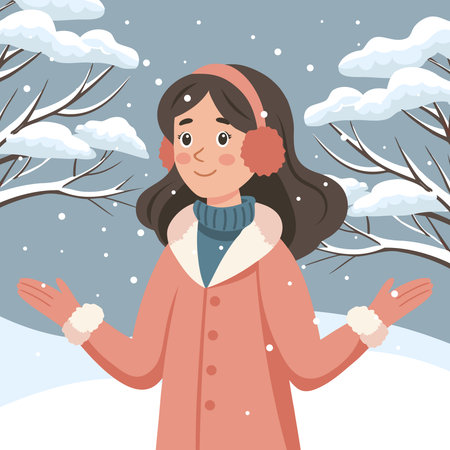 Cute girl in warm winter clothes catches snowflakes. Illustration for Christmas and holiday backgrounds.のイラスト素材