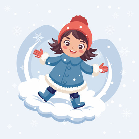 Cute little girl in winter clothes makes a snow angel in winter. Illustration.のイラスト素材