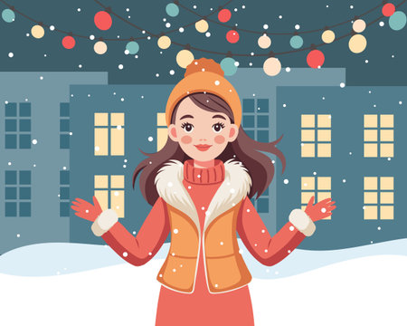 Happy girl enjoys a snowy winter night in a city with festive lights. Illustration.のイラスト素材