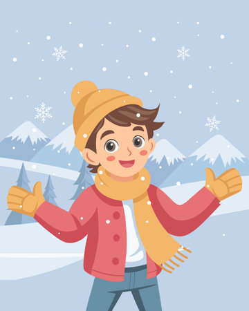 Cute boy in warm winter clothes enjoys the snowfall. Illustration for a holiday background.のイラスト素材