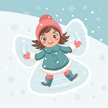 Cute little girl in winter clothes makes a snow angel in winter. Illustration.のイラスト素材
