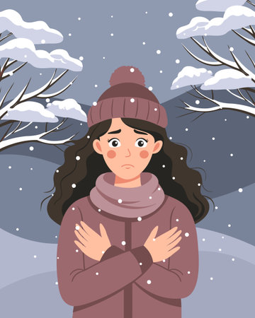 Woman shivering in a cold winter snowy landscape. Woman is freezing from the cold. Illustration.のイラスト素材