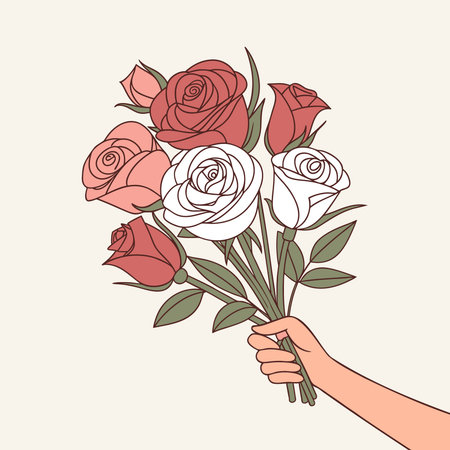Hand holding a beautiful bouquet of pink and white Roses. Floral gift bouquet. Illustration.のイラスト素材