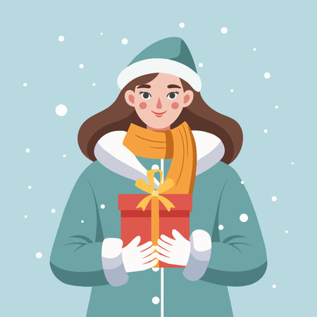 Cheerful woman in a winter jacket holding a Christmas gift. Holiday illustration.のイラスト素材