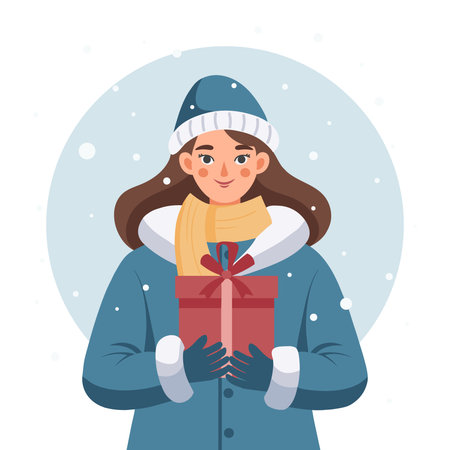 Happy woman in a winter clothes holding a Christmas gift. Holiday illustration.のイラスト素材