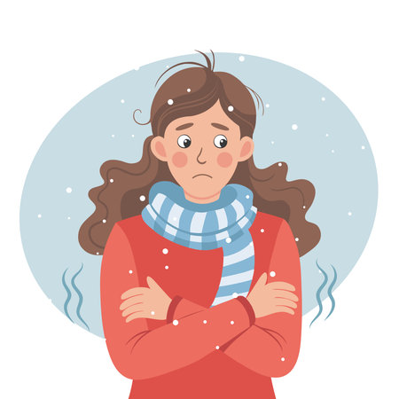 Woman feeling cold and shivering in winter. Illustration.のイラスト素材