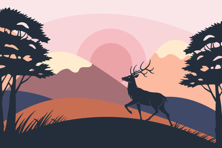 Peaceful deer in a mountain sunrise landscape. Minimalist illustration.のイラスト素材
