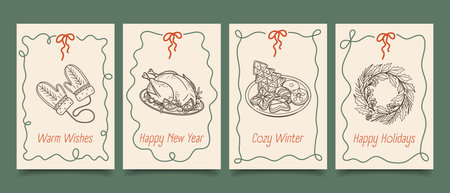 Hand drawn Christmas holiday and New Year greeting cards collection. Winter xmas prints, posters, celebration party invitations.のイラスト素材