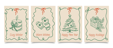 Hand drawn Christmas holiday and New Year greeting cards collection. Winter xmas prints, posters, celebration party invitations.のイラスト素材