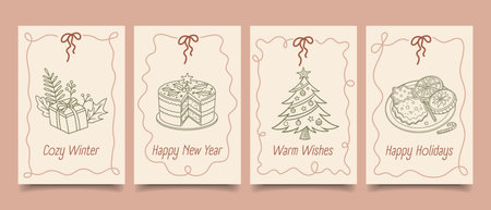 Hand drawn Christmas holiday and New Year greeting cards collection. Winter xmas prints, posters, celebration party invitations.のイラスト素材
