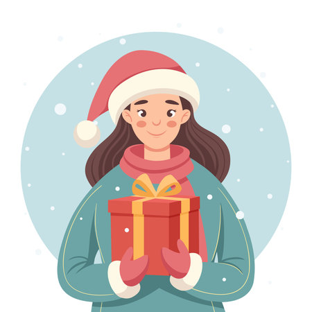 Joyful woman in Santa hat holding Christmas gift on a winter snow background.のイラスト素材