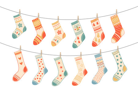 Festive Christmas stockings hanging on a clothesline. Socks with various traditional colorful holiday ornaments.のイラスト素材