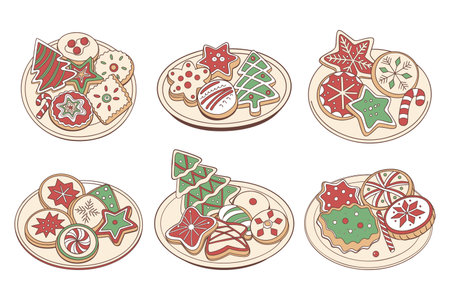 Assortment of Festive Christmas Cookies on Plates. Holiday illustration.のイラスト素材
