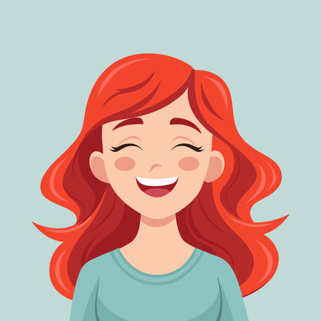 Portrait of a cheerful red-haired woman smiling with her eyes closed. Illustration.のイラスト素材