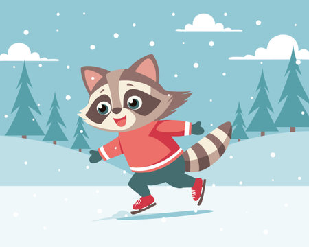 Cute raccoon in sweater ice skating in a snowy winter landscape. Holiday card illustration.のイラスト素材