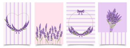 Set of Lavender Greeting Cards. Elegant Lavender Flower Art for Invitations and Decorative Prints.のイラスト素材