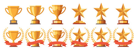 Collection of gold awards trophies and stars with ribbons for achievements. Set of award icons.のイラスト素材