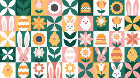 Colorful Geometric Easter Celebration Banner with Bunnies, Chicks and Flowers. Geometric background.