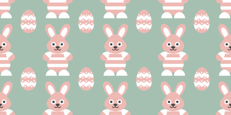 Seamless pattern with cute Easter bunnies and eggs. Festive pastel background.のイラスト素材