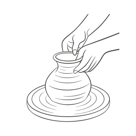 Hands shaping clay pot on a pottery wheel. Line art illustration.のイラスト素材