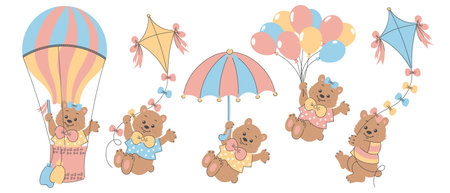Set of adorable teddy bears fly and play with a hot air balloon, kites and balloons. Childish illustration.のイラスト素材