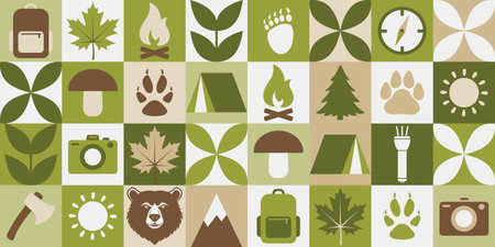 Geometric background with camping and nature icons like mountains, trees, tents, animals. Adventure ...