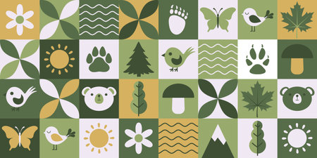 Geometric nature background with woodland elements like mountains, trees, animals and birds. Ecology...