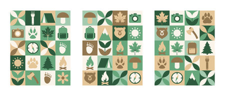 Set of geometric posters with camping and nature icons like mountains, trees, tents, animals....