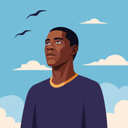 Young african american man looking up over blue sky with clouds. Freedom concept illustration.