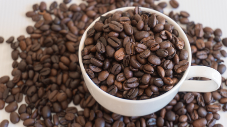 Coffee beans in coffee cupの写真素材