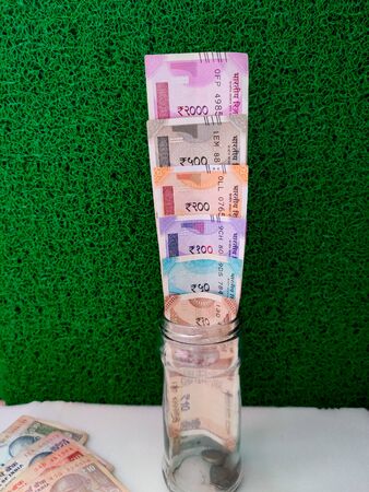 Different set of Indian rupees kept in glass bottle with money plants covered. Isolated on Green background. Daylightの写真素材