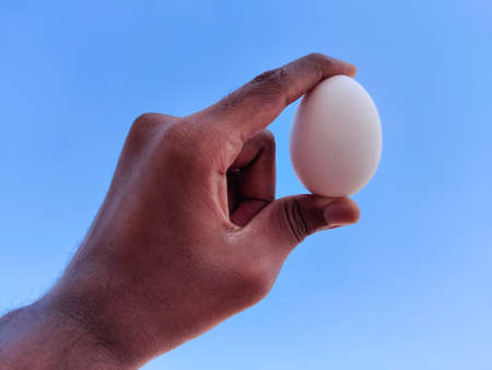 South Indian man hand holding one Raw white egg. Cloud background.