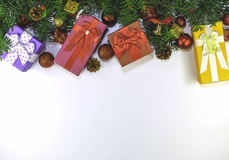 Frame made of Christmas tree branches with red berries and frame paper card note. Copy space for text. Nature New Year conceptの写真素材