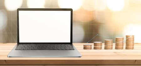 Coins on wooden top table and abstract background with money concepts, business concept